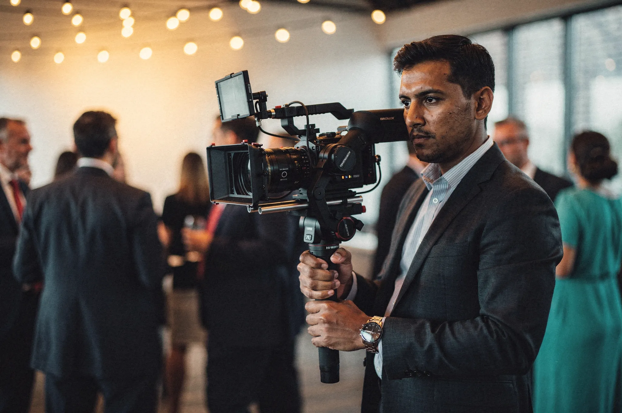 Videograf filmt ein Firmenevent mit professioneller Kameraausrüstung