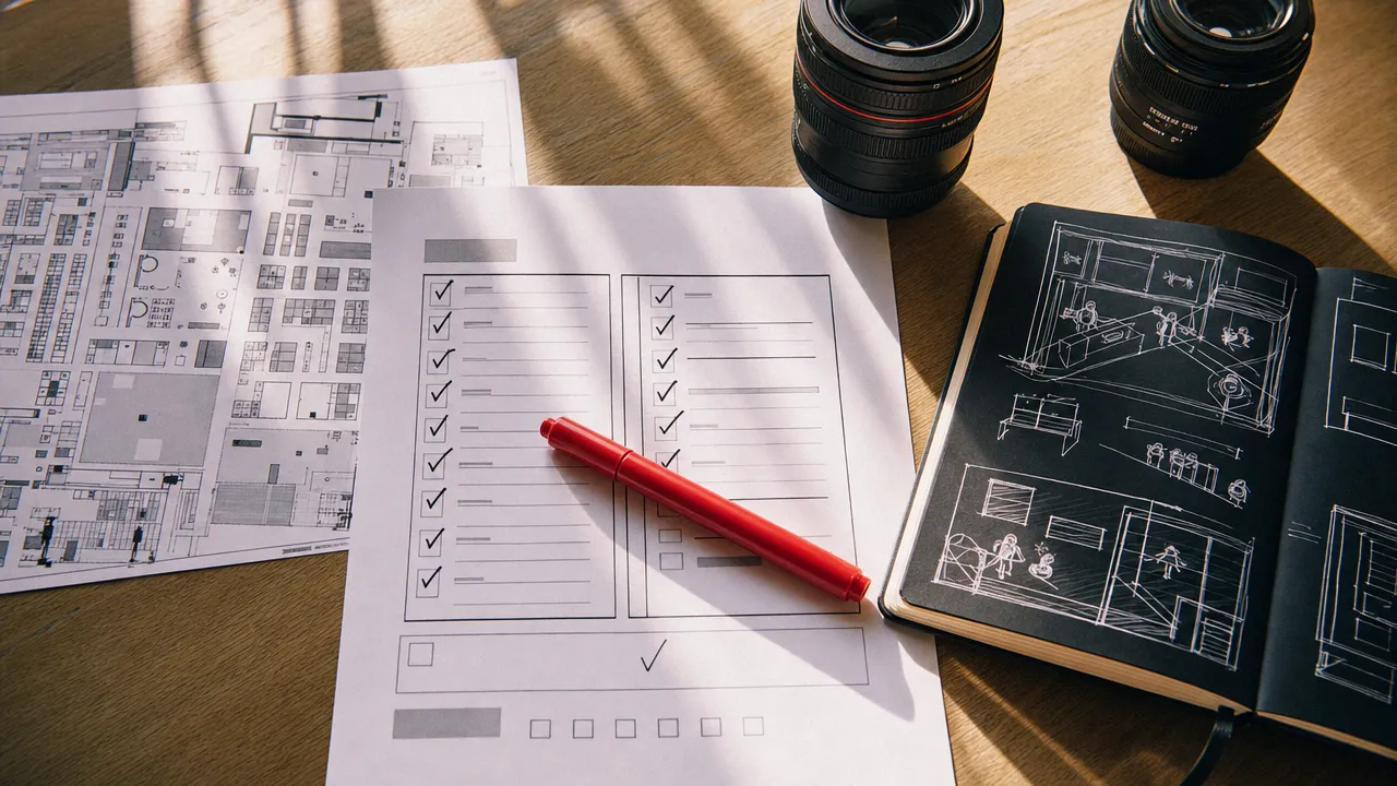 Marketingteam plant Messecontent mit Storyboard und Motivliste am Besprechungstisch