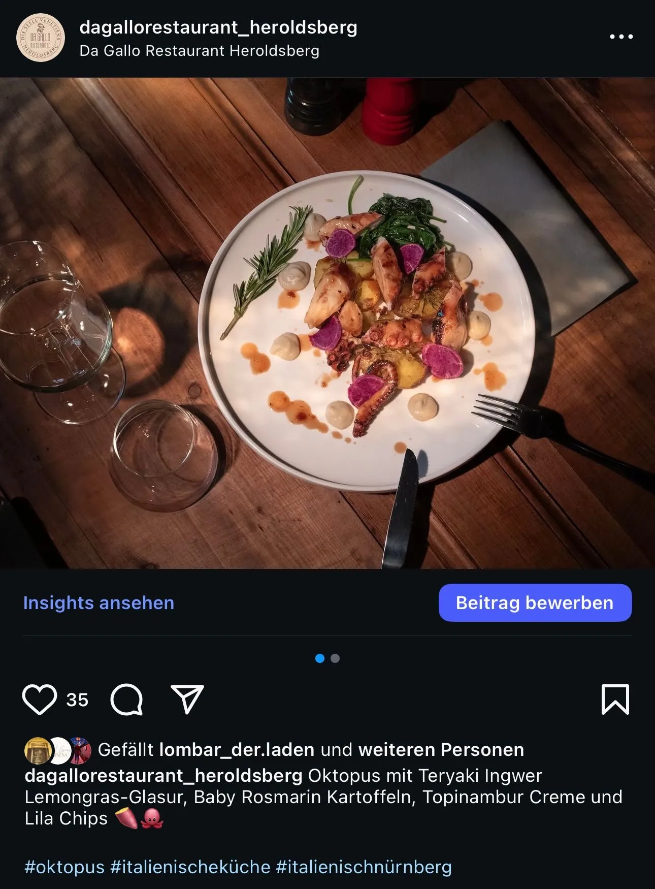 Instagram-Post für das Da Gallo Restaurant in Heroldsberg, stimmungsvolle Foodfotografie.