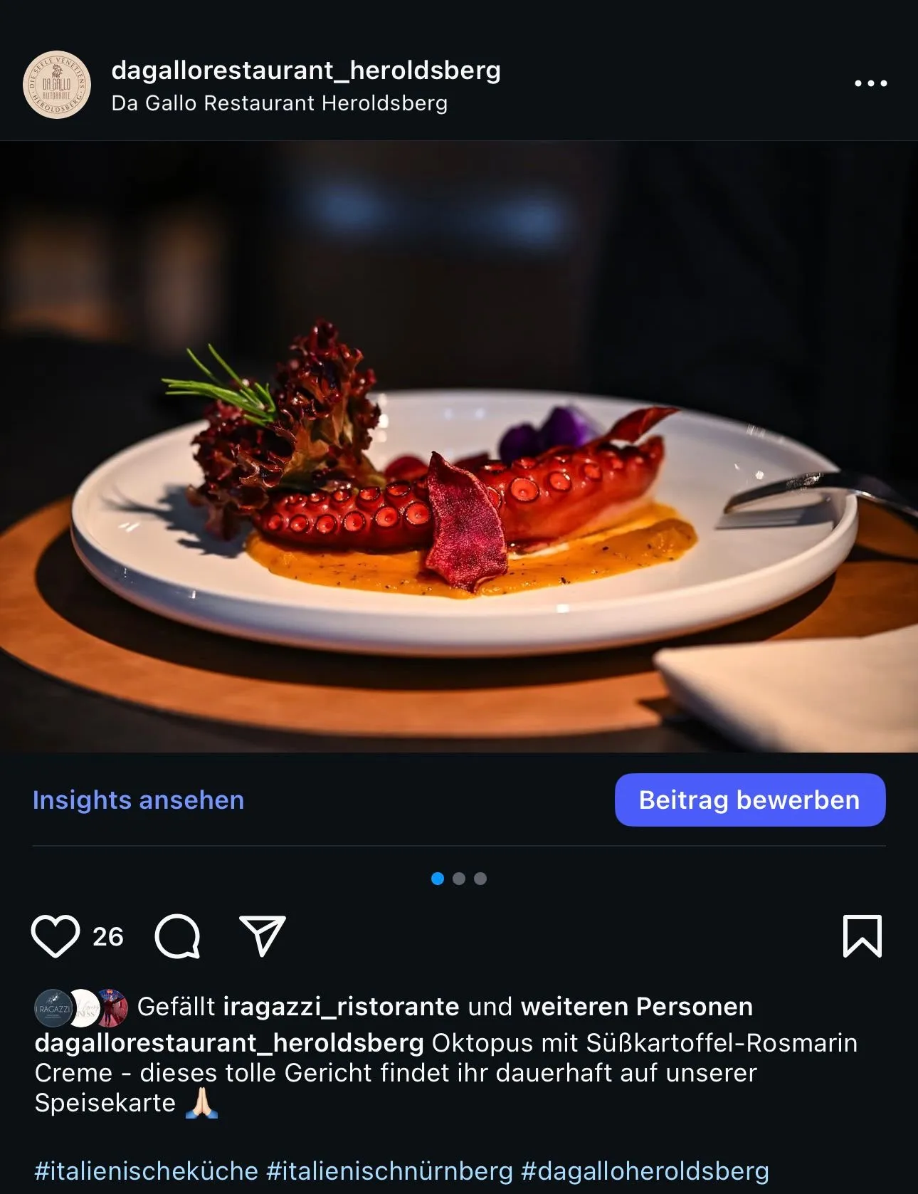 Pulpo-Gericht als Instagram-Content, hochwertig fotografiert für Da Gallo Heroldsberg.