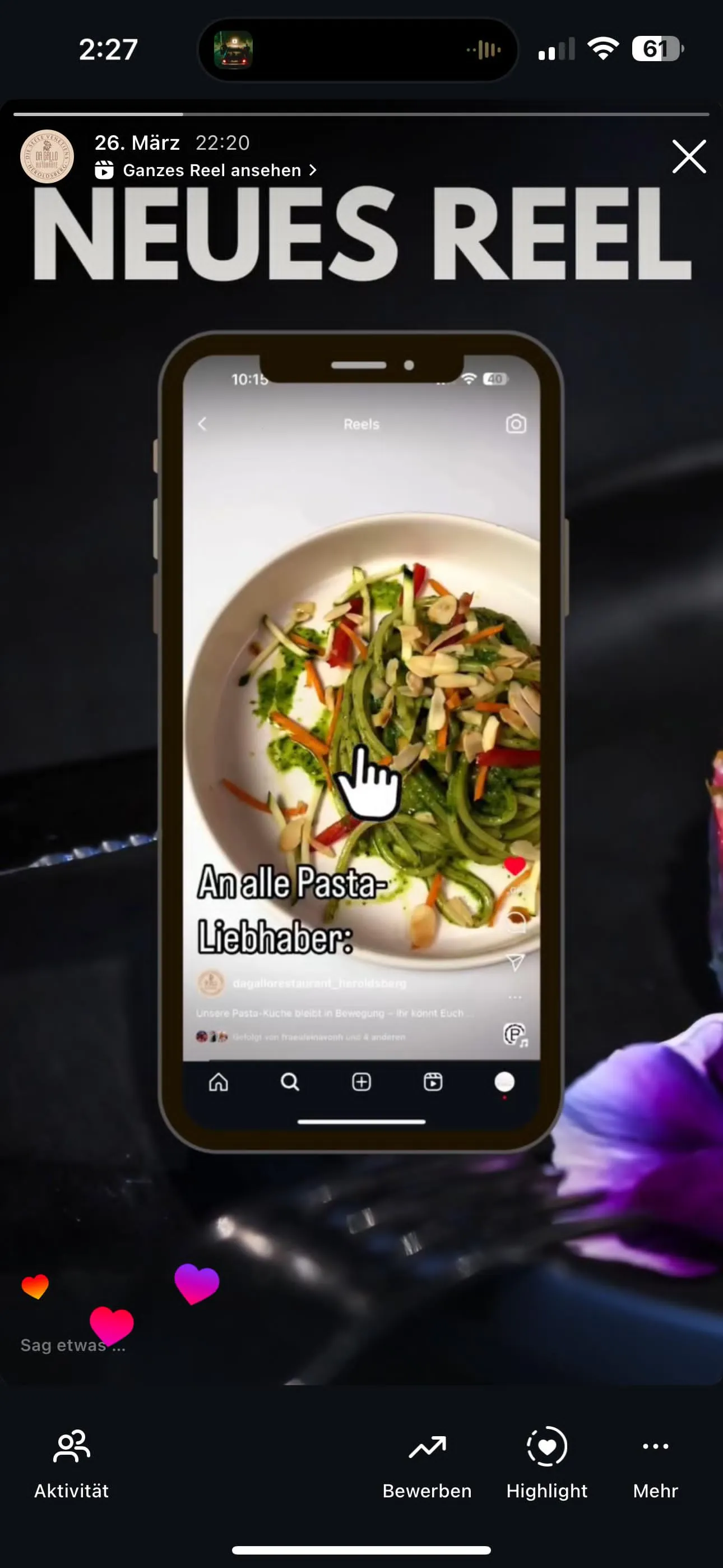 Story-Aufnahme für Da Gallo Restaurant, authentische Szene aus der Küche.