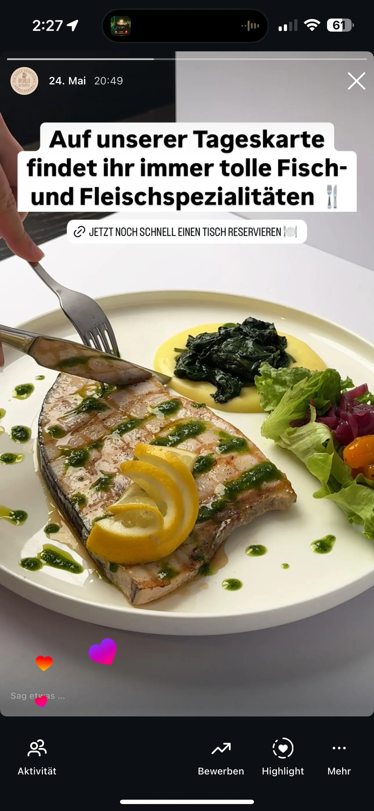 Fischgericht bei Delphi Nürnberg, inszeniert für Instagram Story.