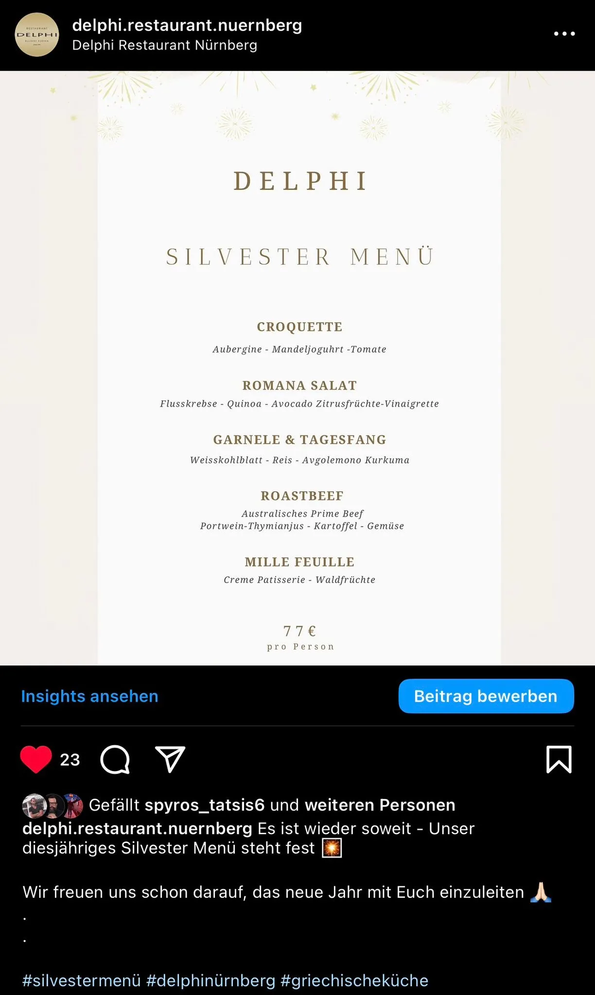Instagram-Post zum Silvesterangebot, klar, saisonal und verkaufsstark inszeniert.