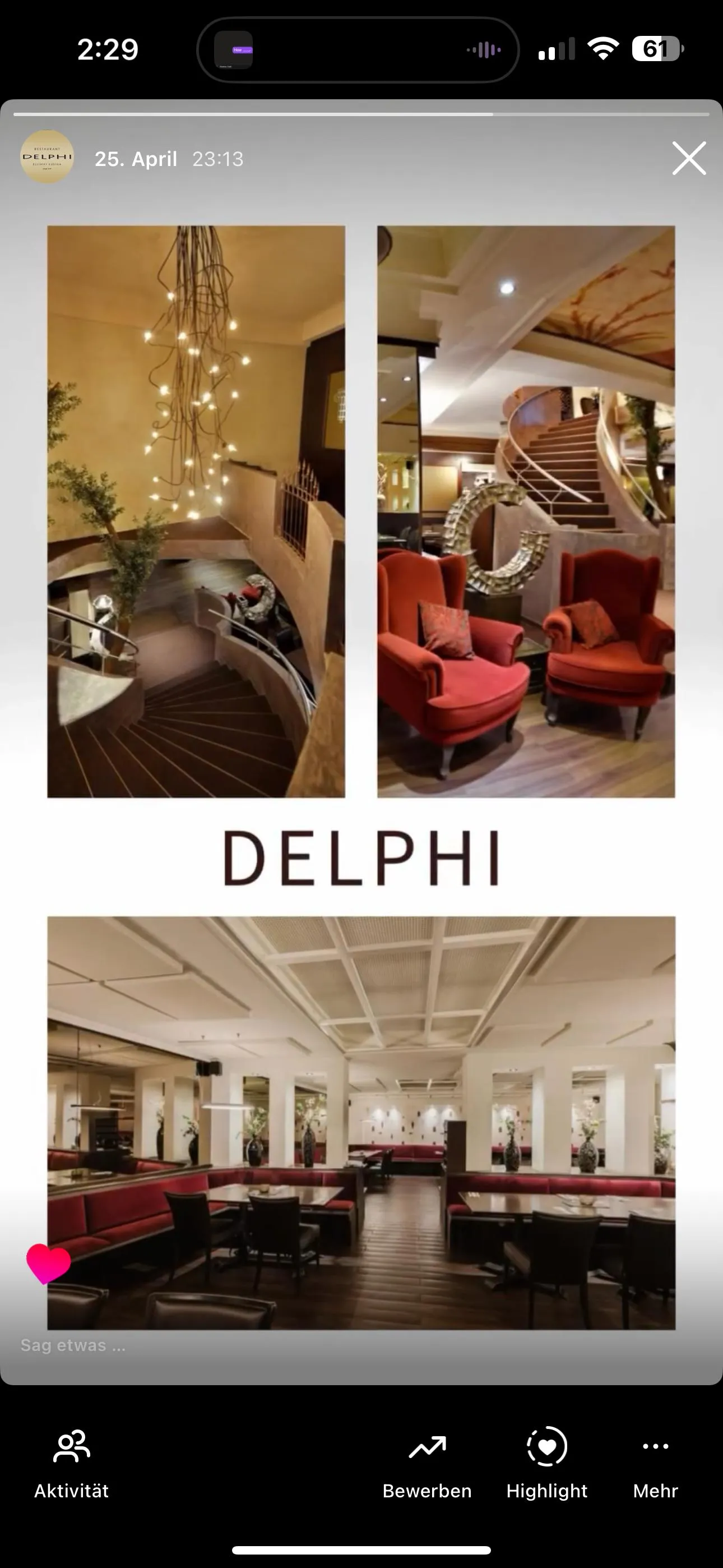 Storyaufnahme mit Fokus auf Ambiente im Delphi Restaurant – emotional & nahbar.