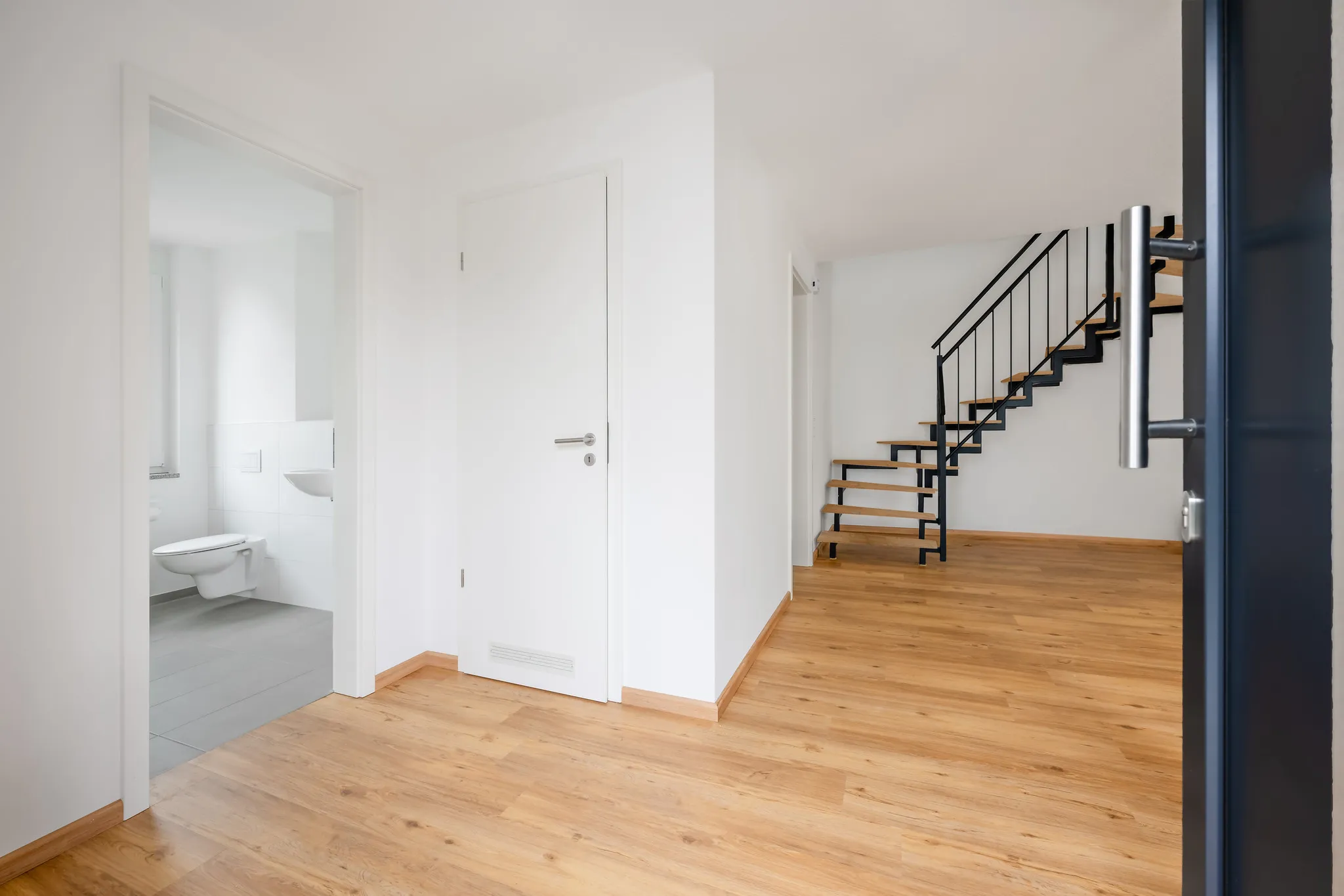 Eingangsdiele mit Gäste-WC und Holz-Stahl-Treppe.