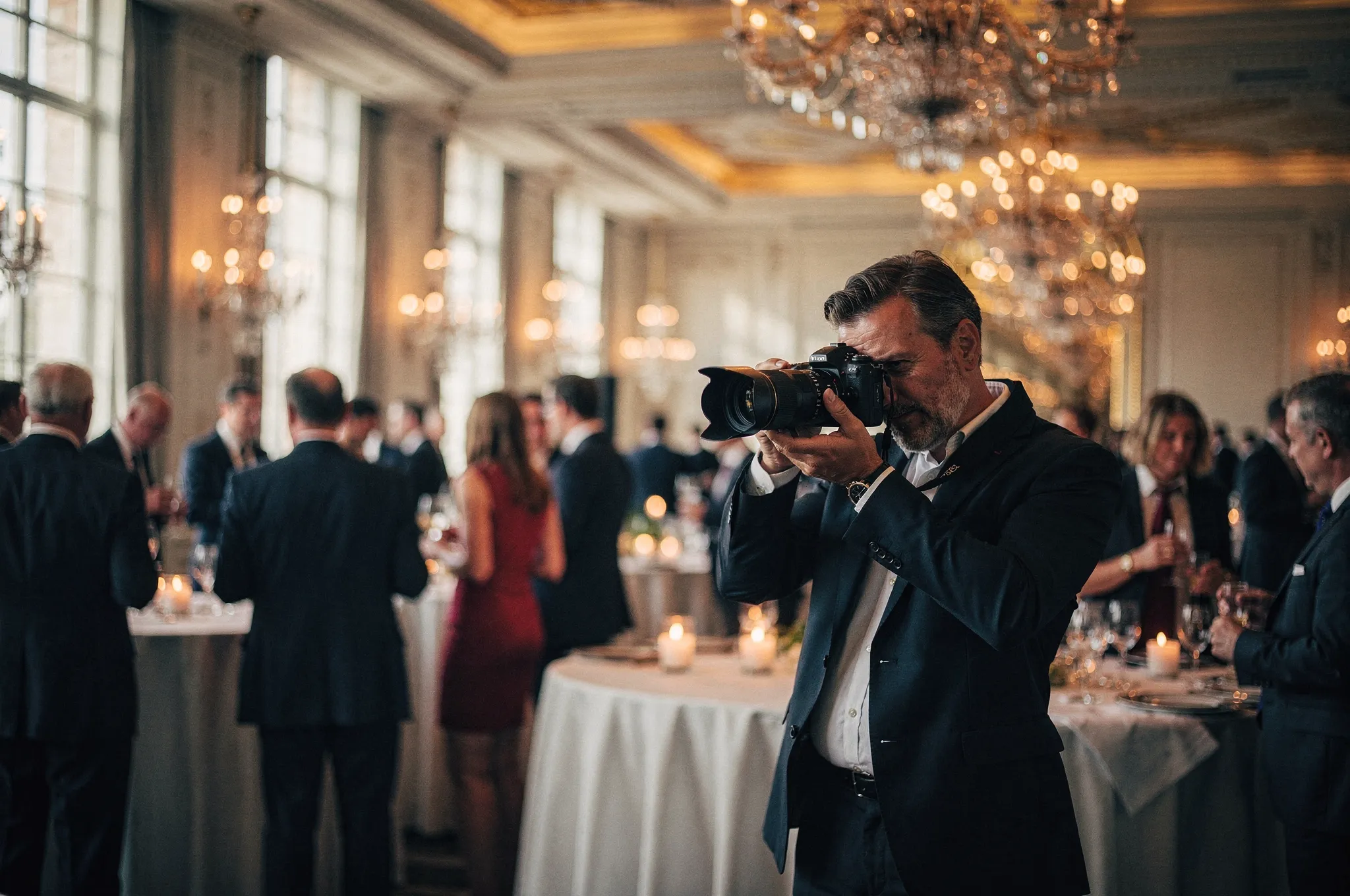 Eventfotograf dokumentiert eine Firmenveranstaltung mit professioneller Kamera