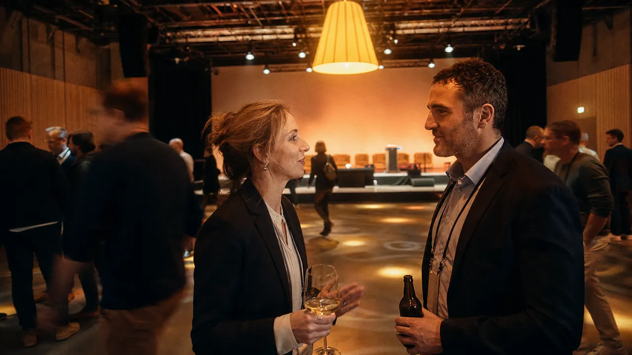 Eventfotograf erfasst einen Handschlag zwischen zwei Führungskräften vor einer Markenwand in Nürnberg