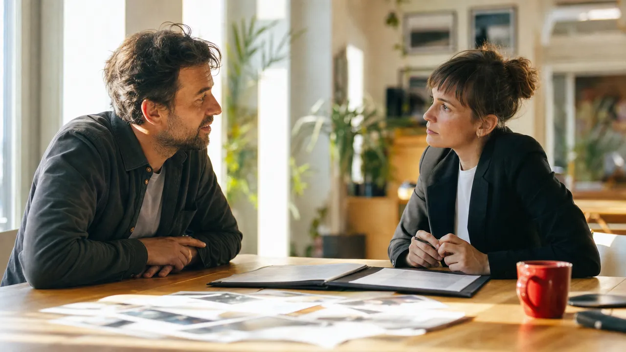 Fotograf übergibt eine Festplatte mit freigegebenen Unternehmensbildern an die Marketingleitung