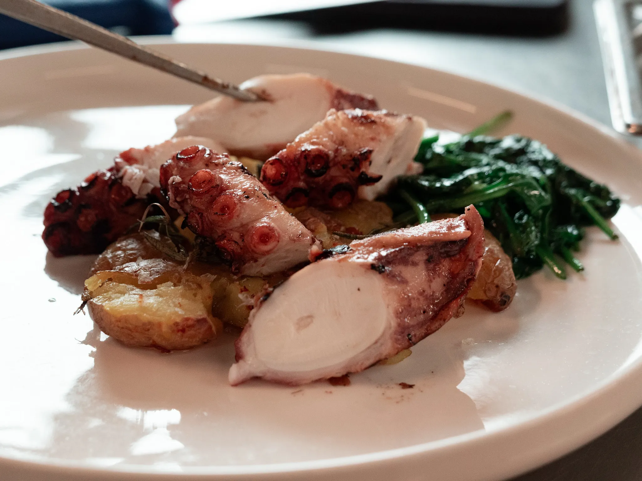 Gegrillter Oktopus mit Spinat und Bratkartoffeln auf weißem Teller.