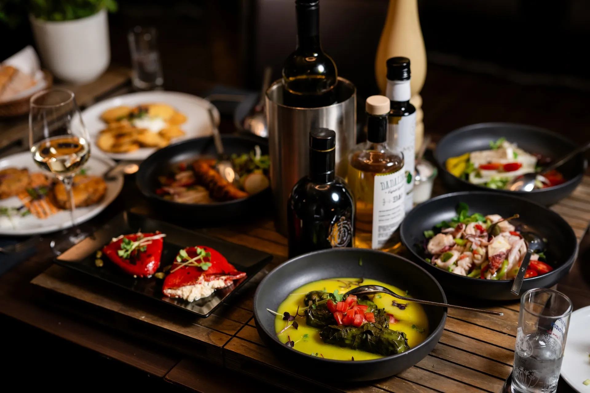 Griechische Vorspeisenvariation mit verschiedenen Weinen, edle mediterrane Weinbegleitung.