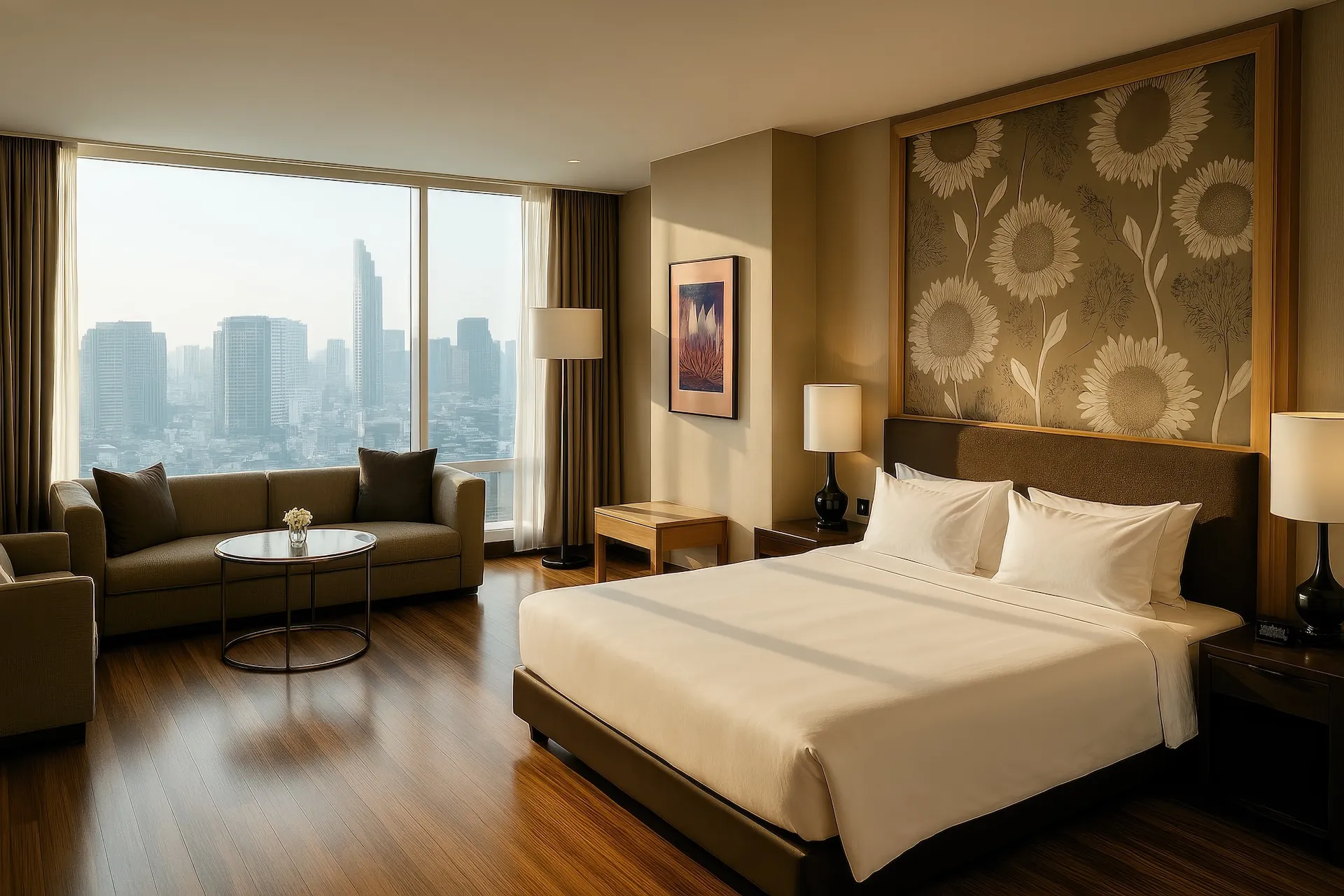 Modernes Hotelzimmer mit Skyline-Ausblick, professionell eingefangen.