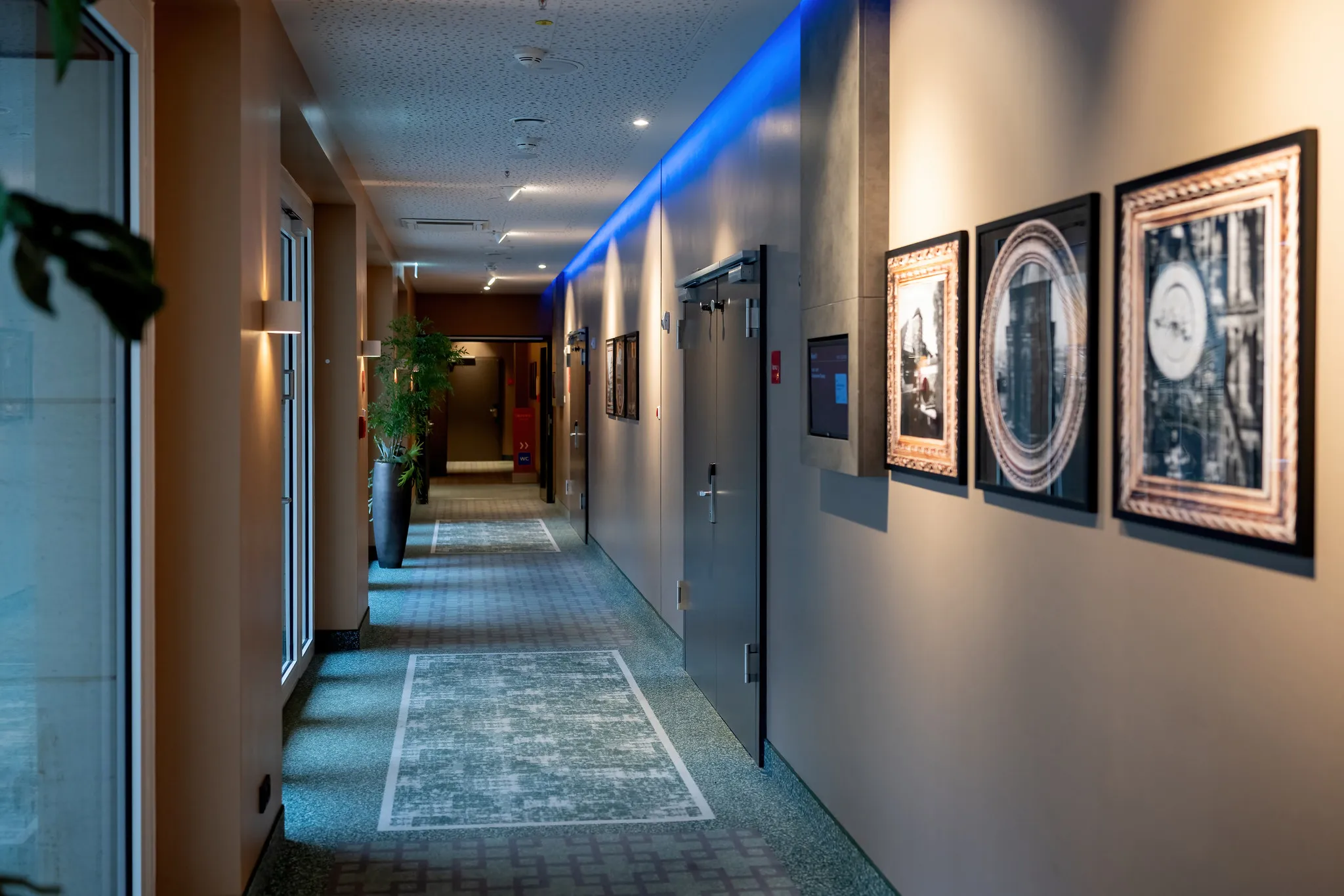 Moderner Hotelkorridor mit blauem LED-Ambiente und Kunstwerken an der Wand