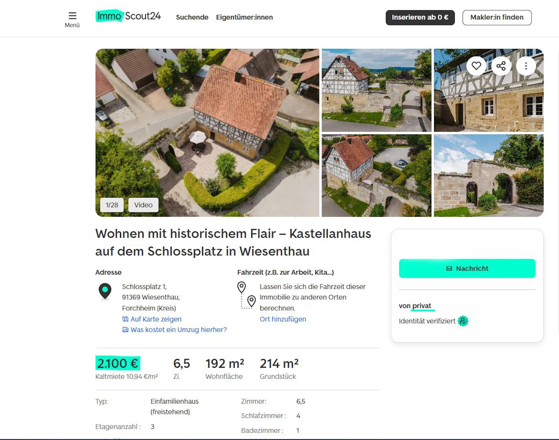 ImmoScout Inserat mit professionellen Fotos des Kastellanhauses