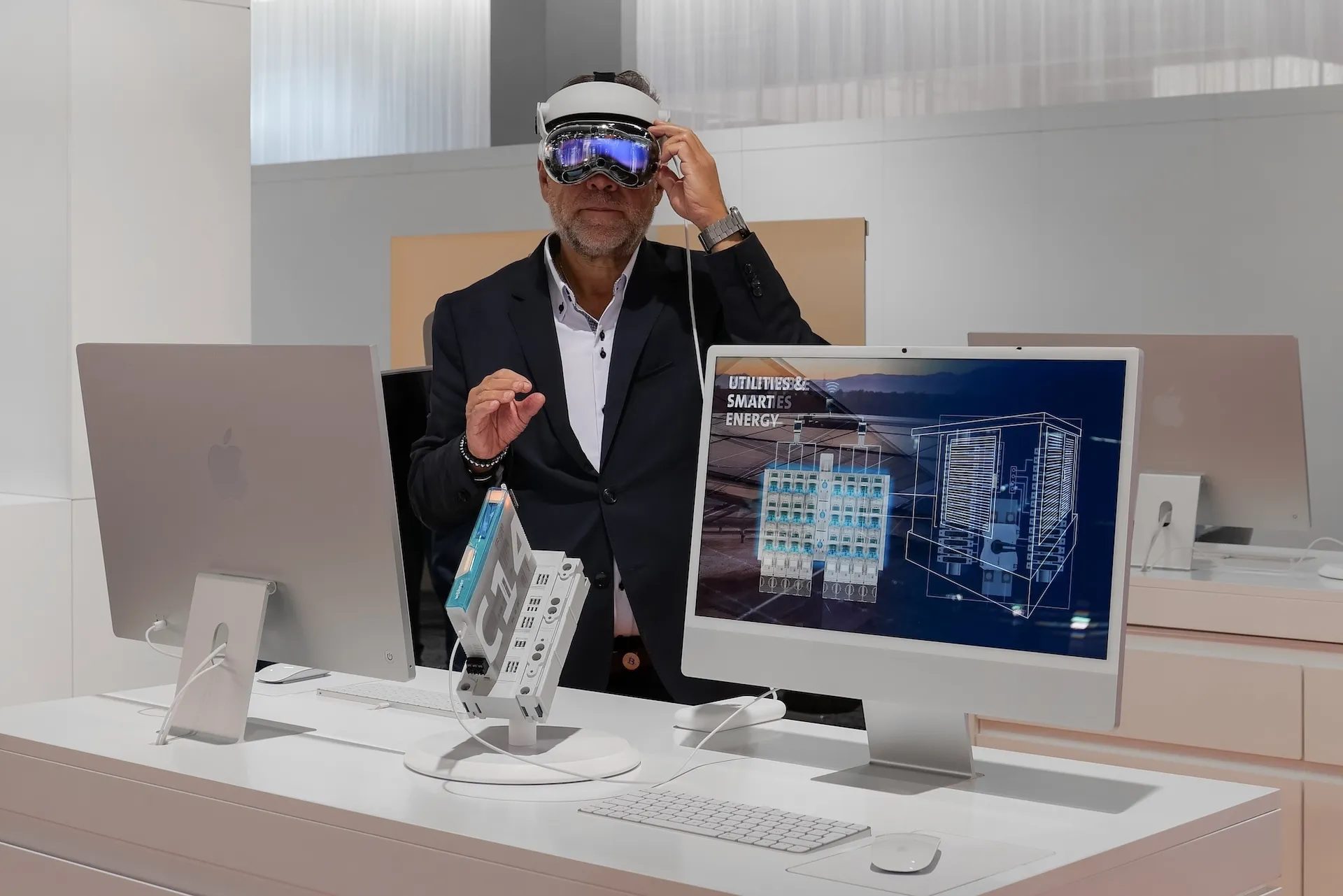 Man at Nuremberg trade fair with virtual reality glasses