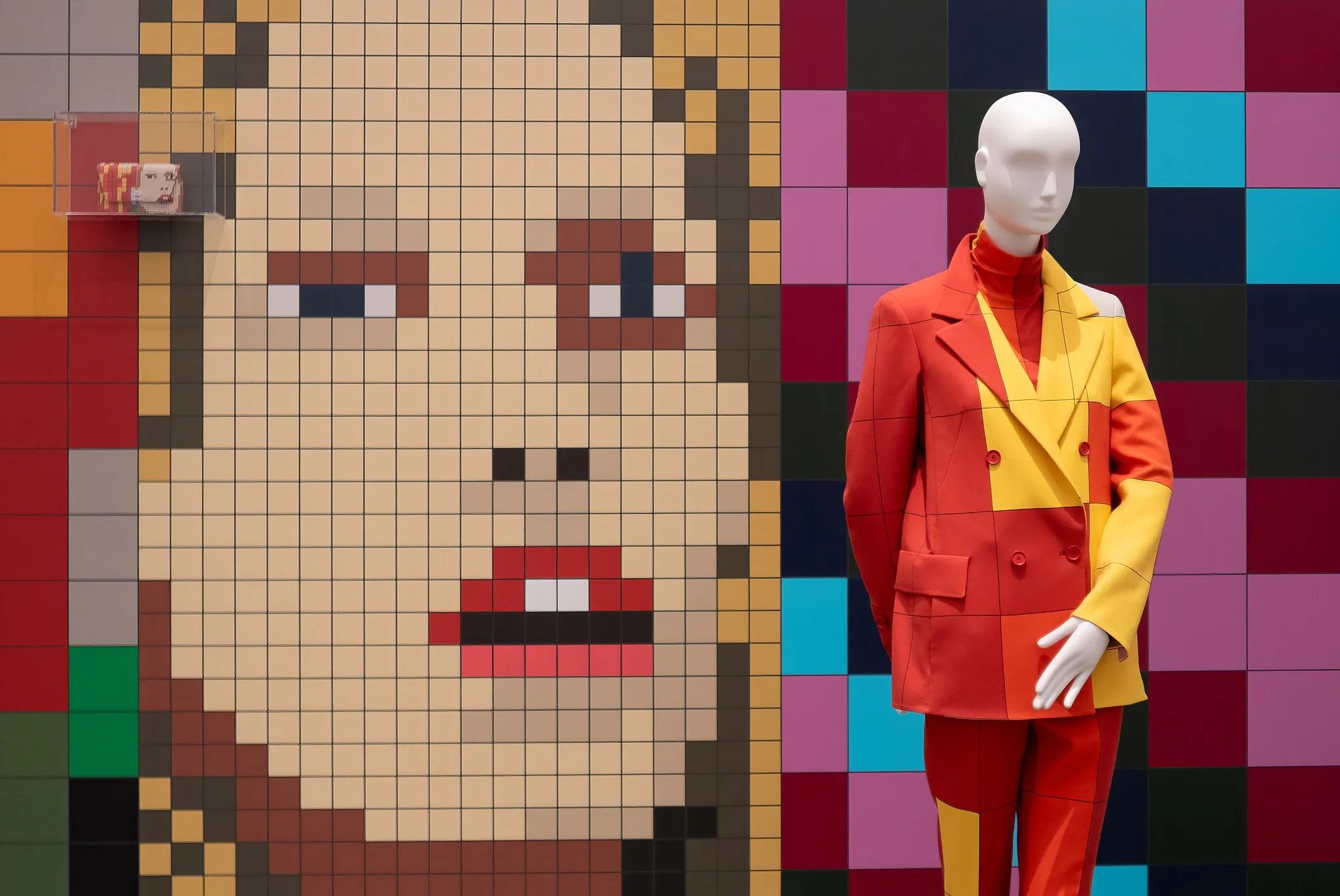 Weißes Modepuppe in rot-gelbem Farbblock-Anzug vor Pixel-Kunst-Wand, Produktfotografie für Mode und Textil.