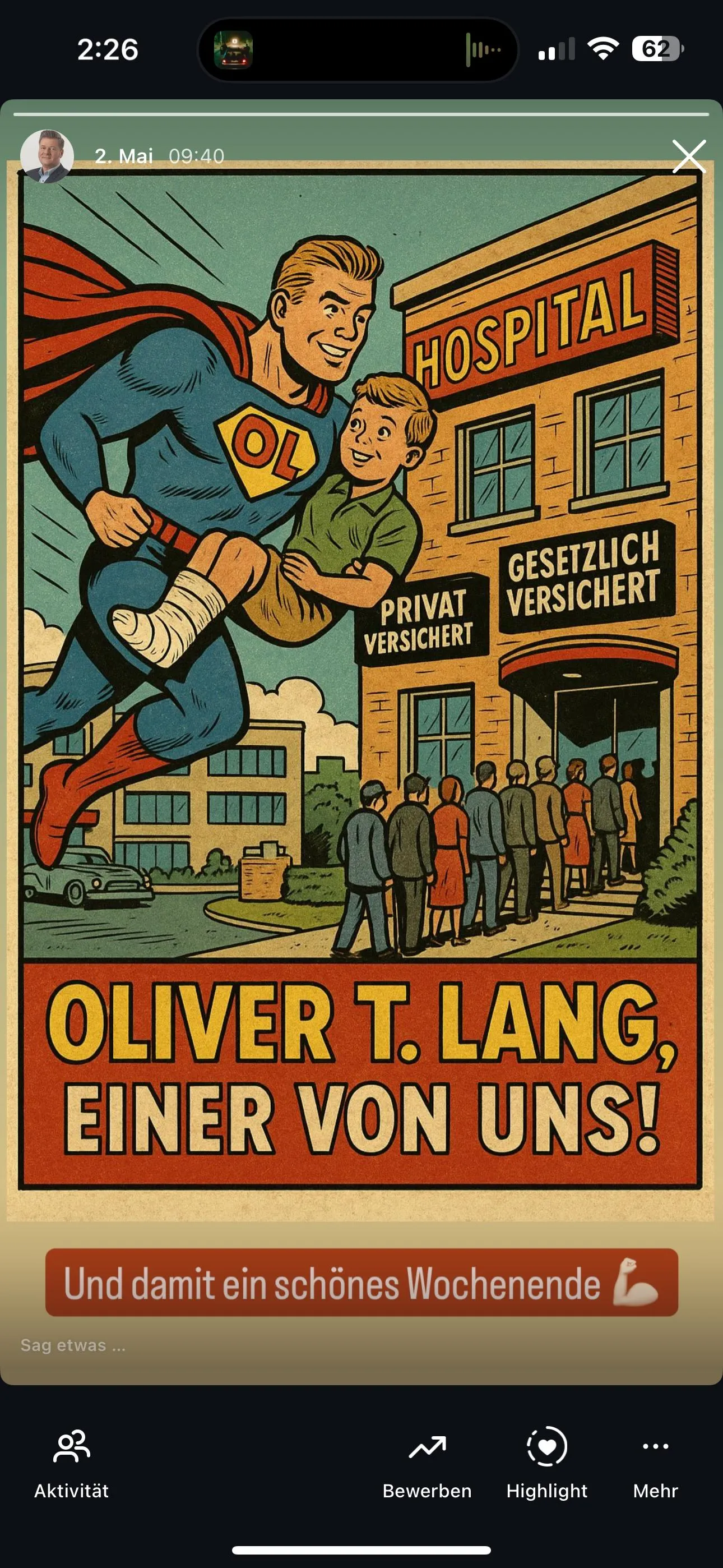 Instagram Story für Oliver Lang, kreative Umsetzung mit Comic-Elementen.