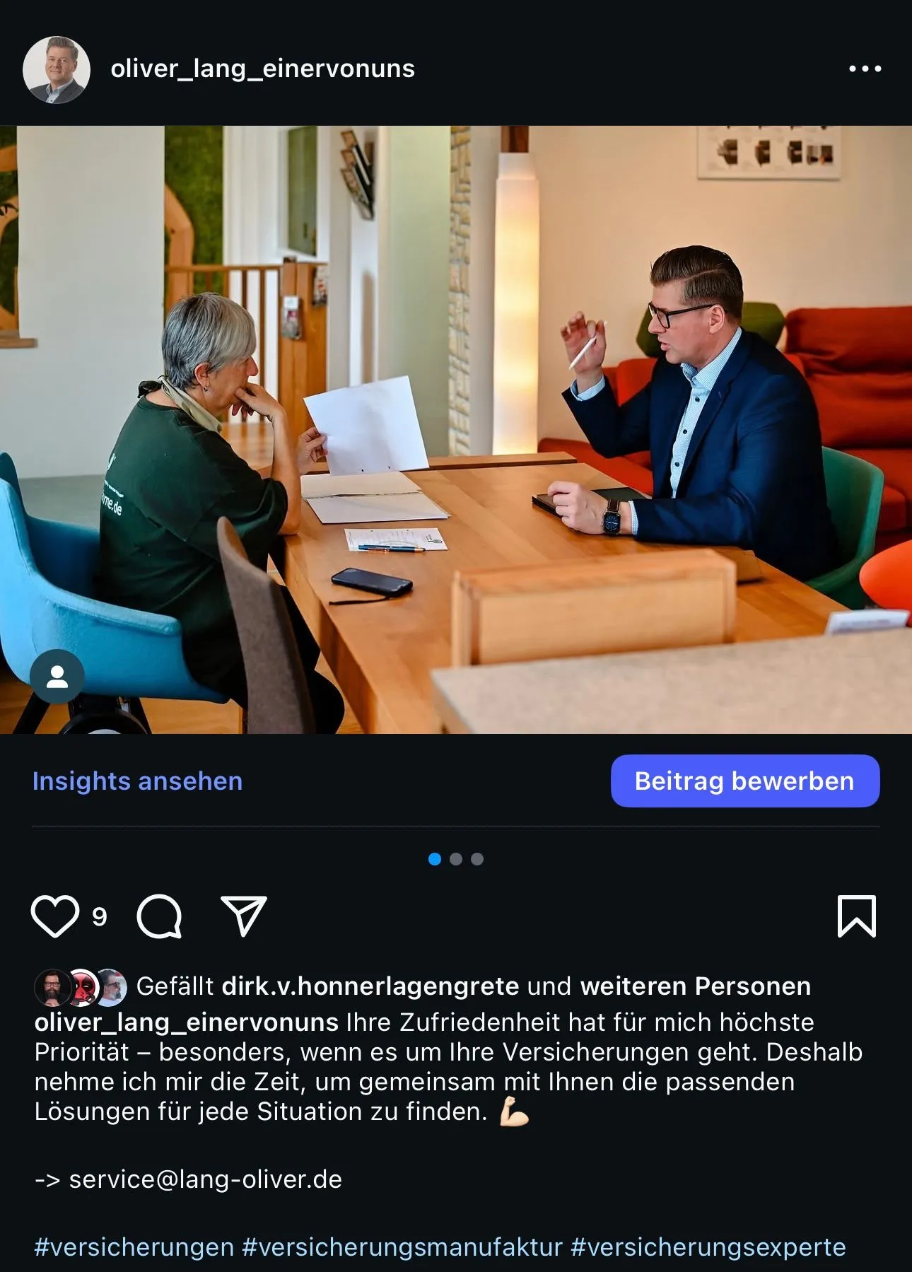 Feed-Post für Oliver Lang Versicherungen – nahbare Bildsprache für mehr Vertrauen.