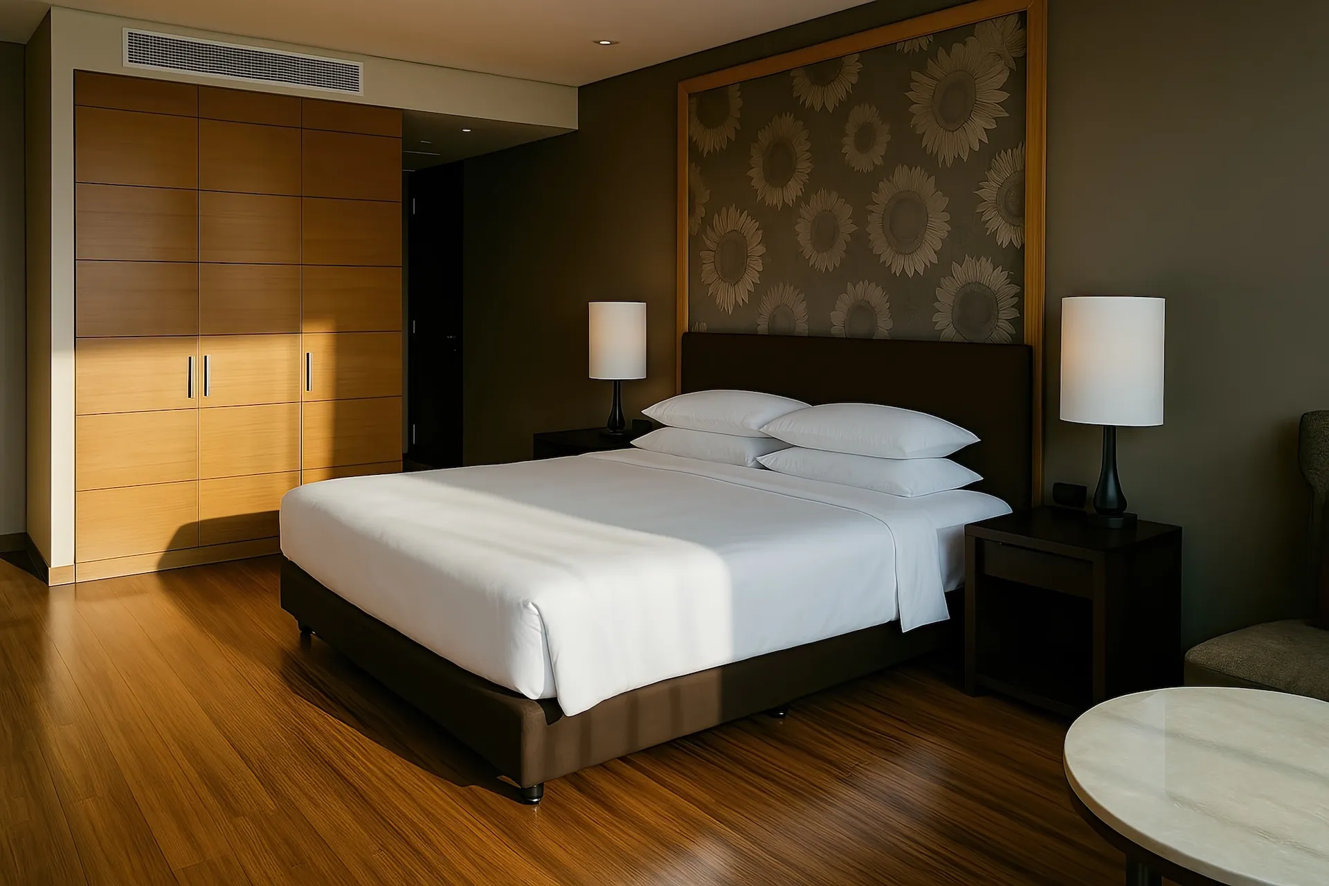 Queen-Size-Bett im eleganten Zimmer, Komfort, der zum Verweilen einlädt.