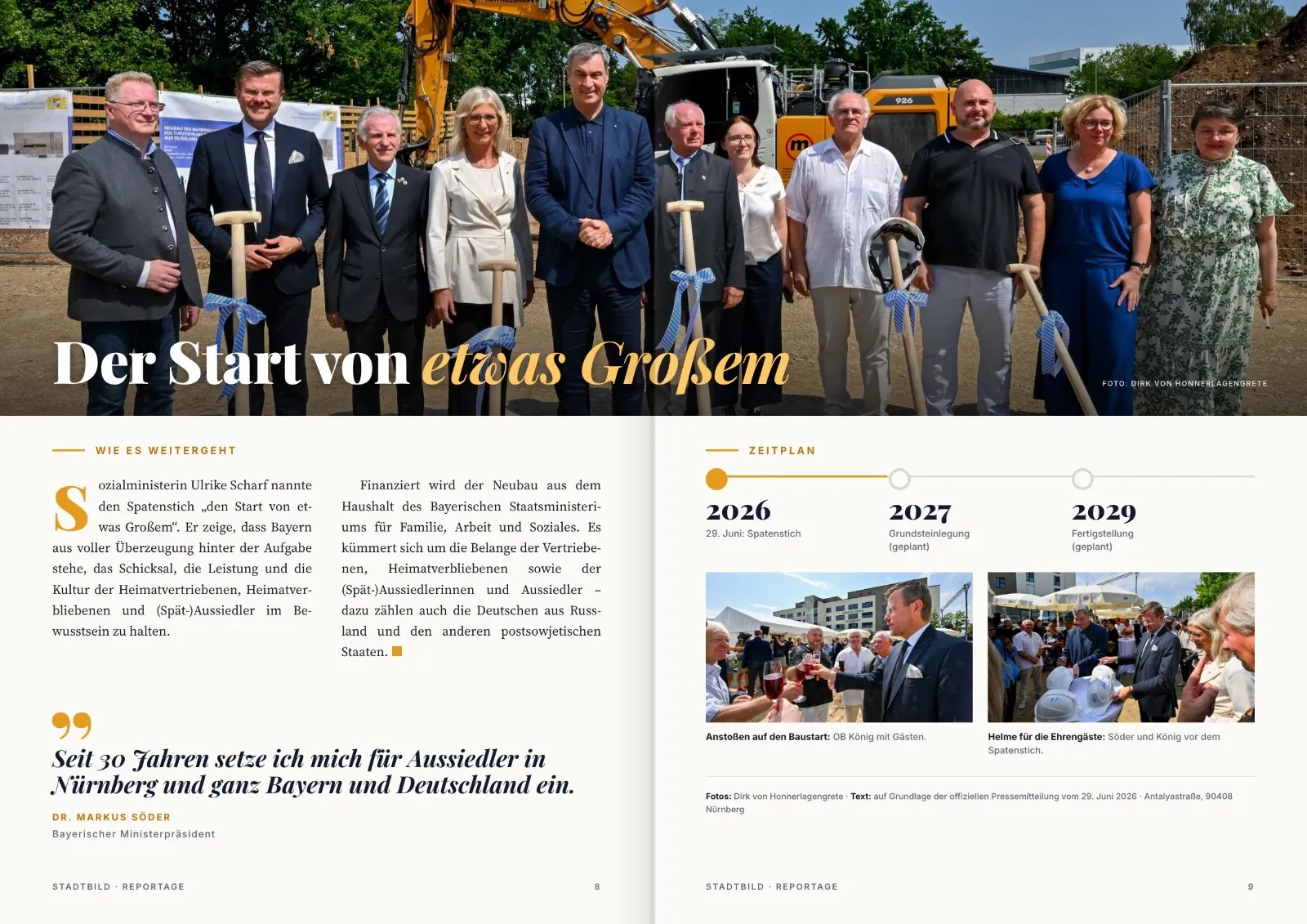 Gruppenbild mit Ministerpräsident Markus Söder, Sozialministerin Ulrike Scharf, OB Marcus König und Gästen mit Spaten vor dem Bagger in Nürnberg