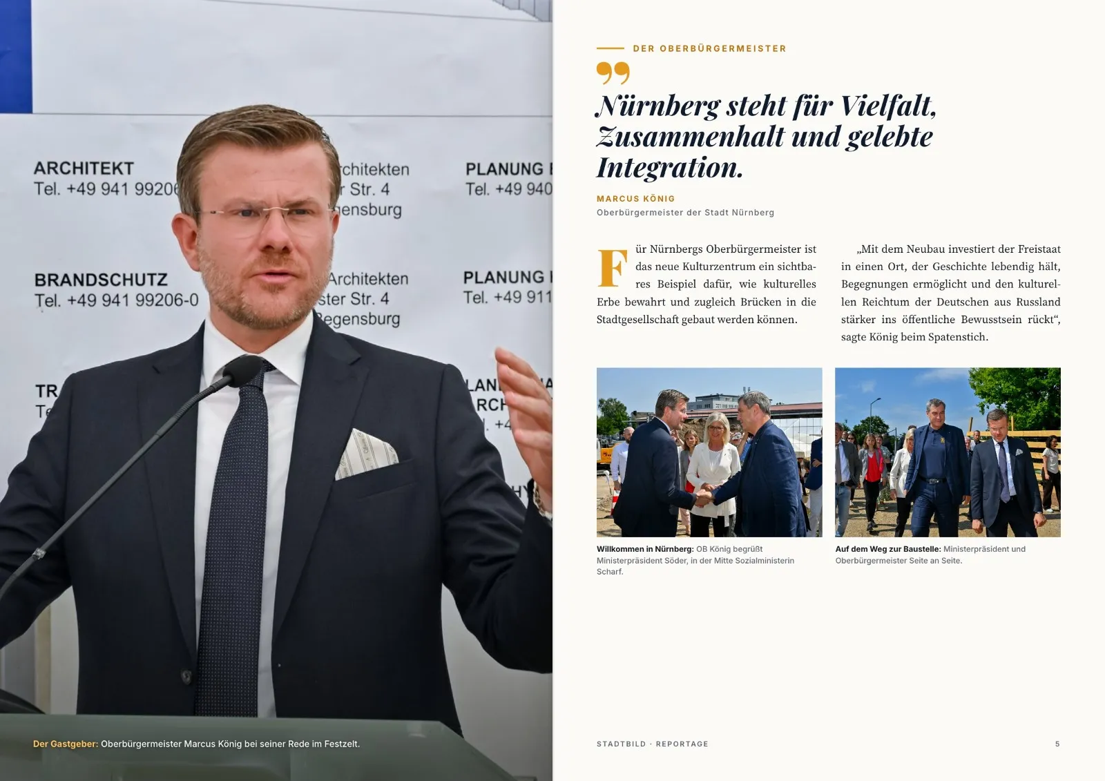 Oberbürgermeister Marcus König spricht am Rednerpult beim Spatenstich für das Kulturzentrum der Deutschen aus Russland in Nürnberg