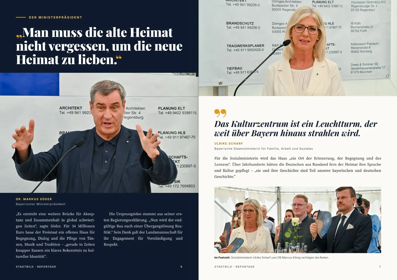 Ministerpräsident Markus Söder und Sozialministerin Ulrike Scharf am Rednerpult beim Spatenstich in Nürnberg