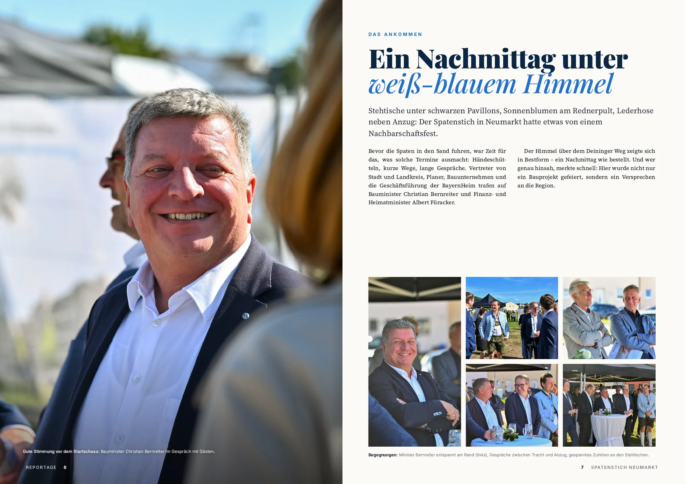 Bauminister Christian Bernreiter lacht im Gespräch mit Gästen beim Spatenstich in Neumarkt