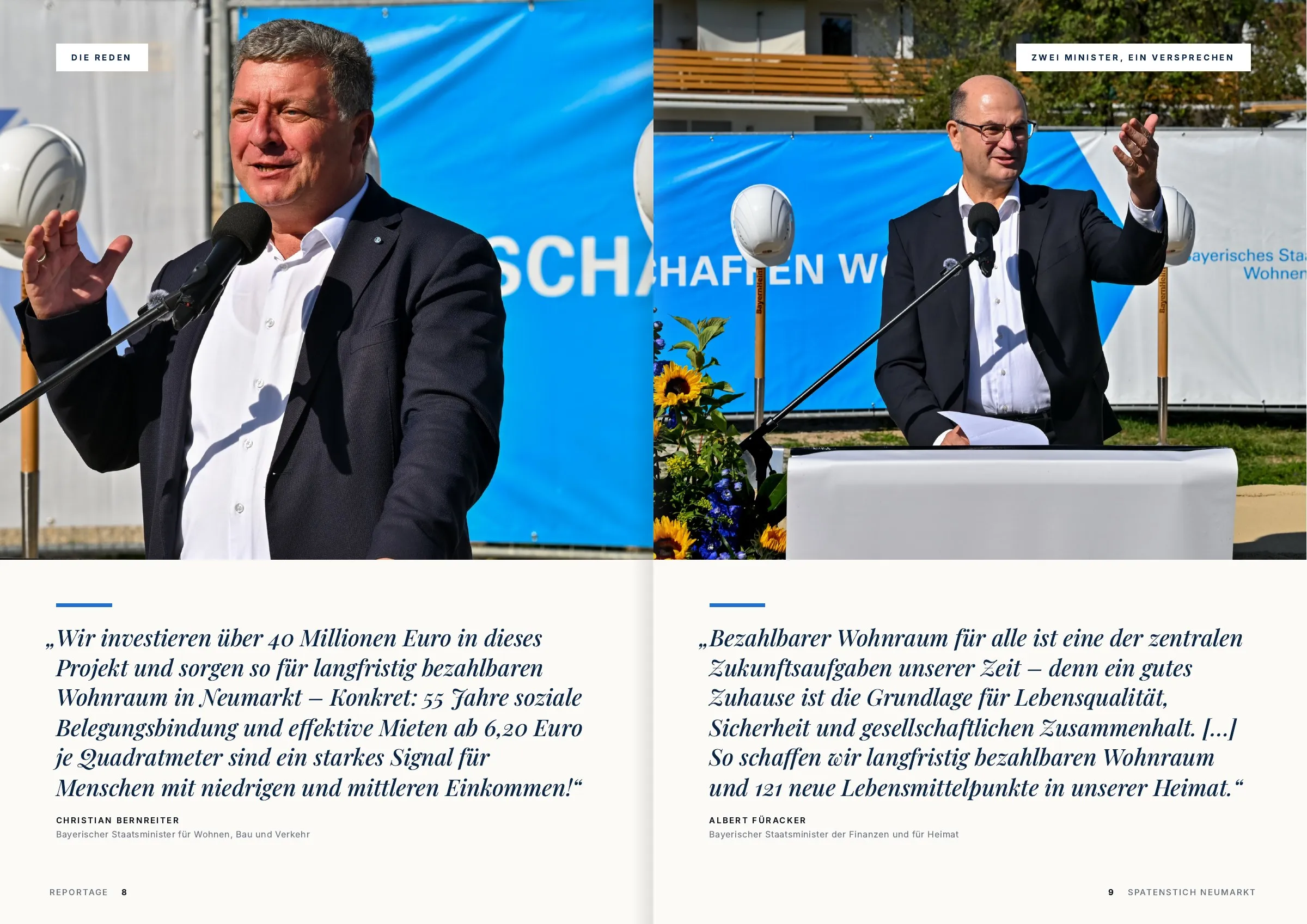Bauminister Christian Bernreiter und Finanzminister Albert Füracker am Rednerpult beim Spatenstich der BayernHeim in Neumarkt