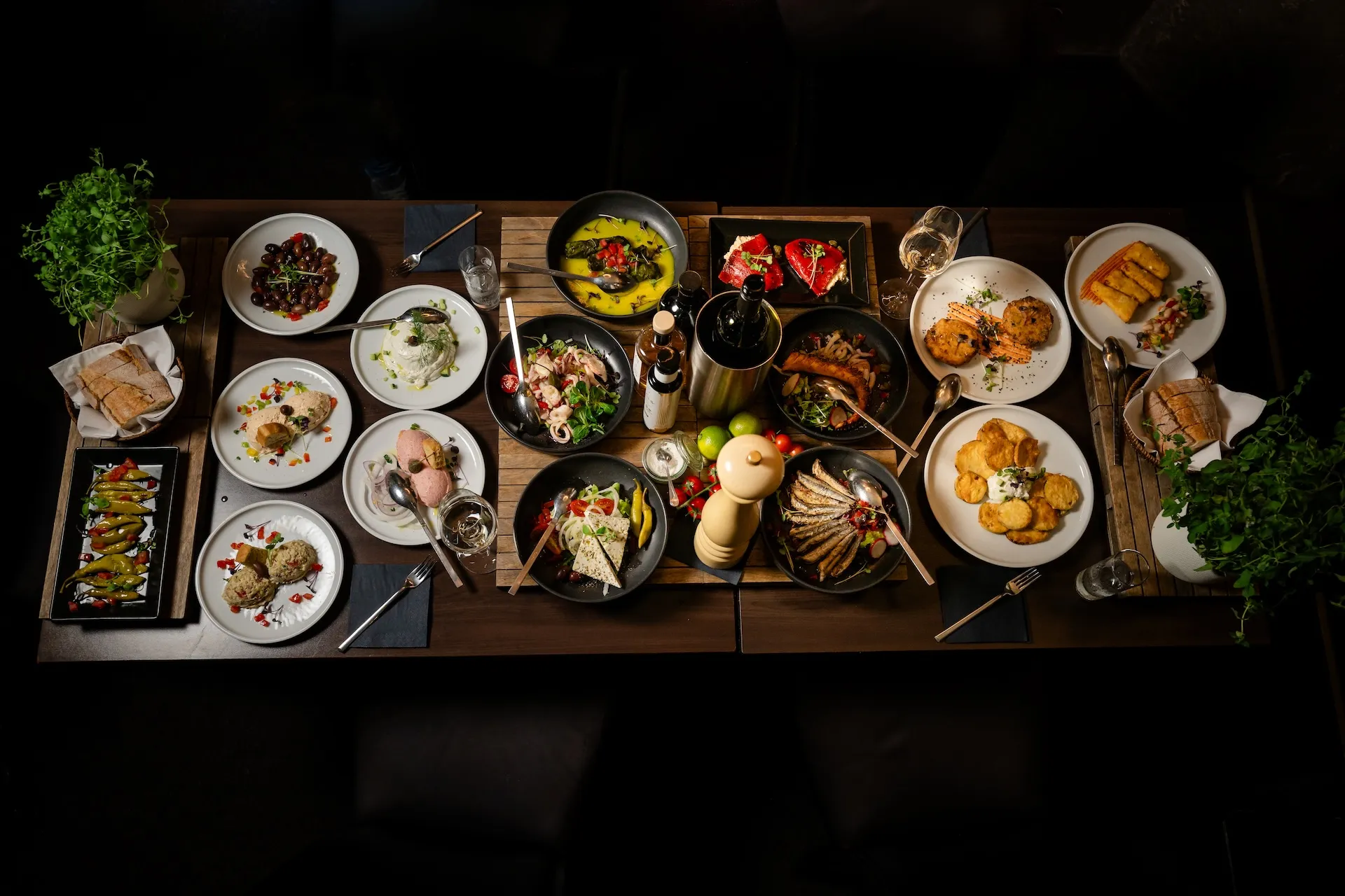 Verschiedene griechische Meze auf vollem Tisch, traditionelle Mezze-Kultur.