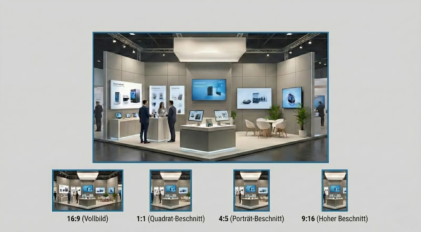 Messestand mit vier verschiedenen Videoformaten im direkten Vergleich