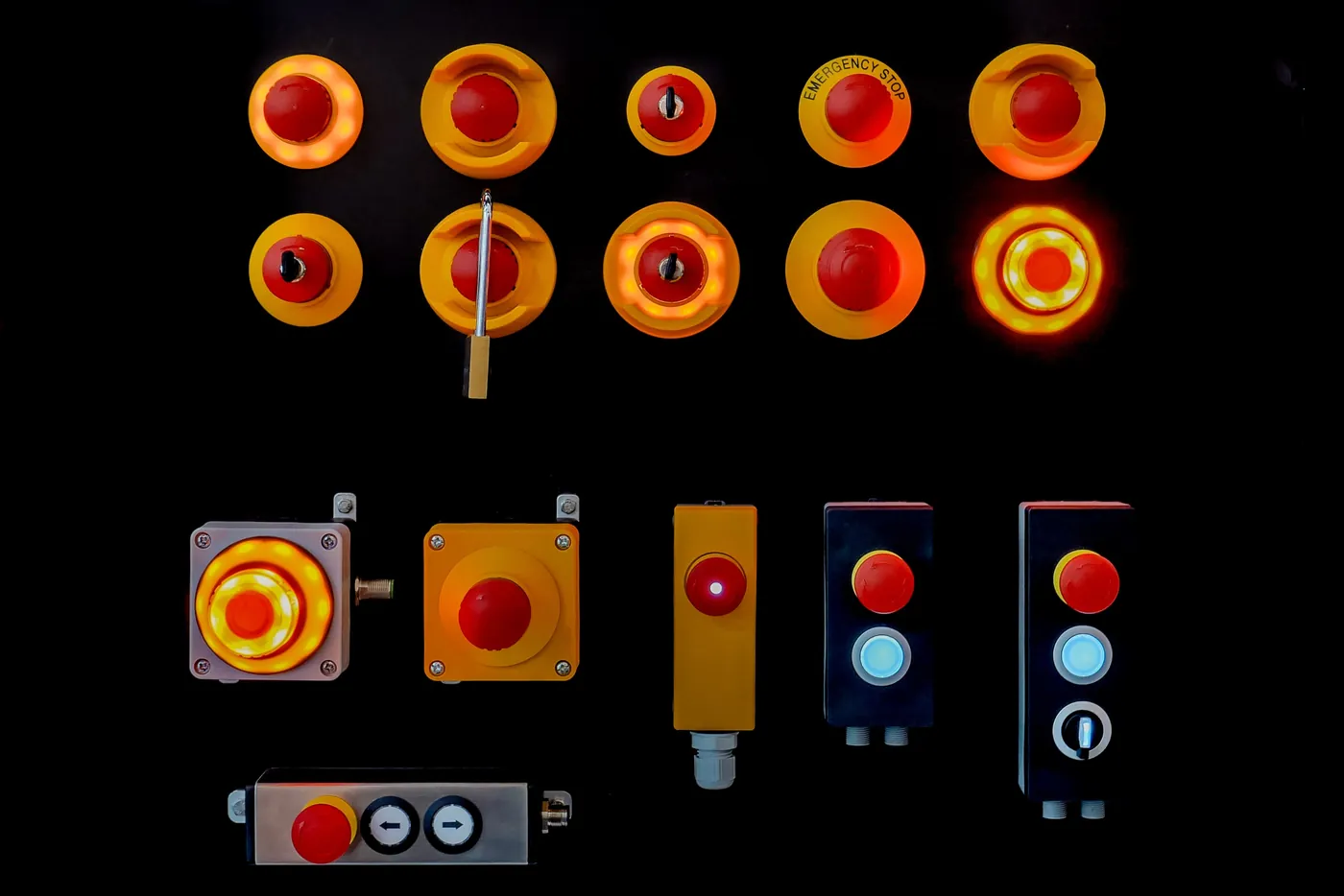 Detail shot of illuminated buttons and signal lamps as an exhibit, technology fair Nuremberg