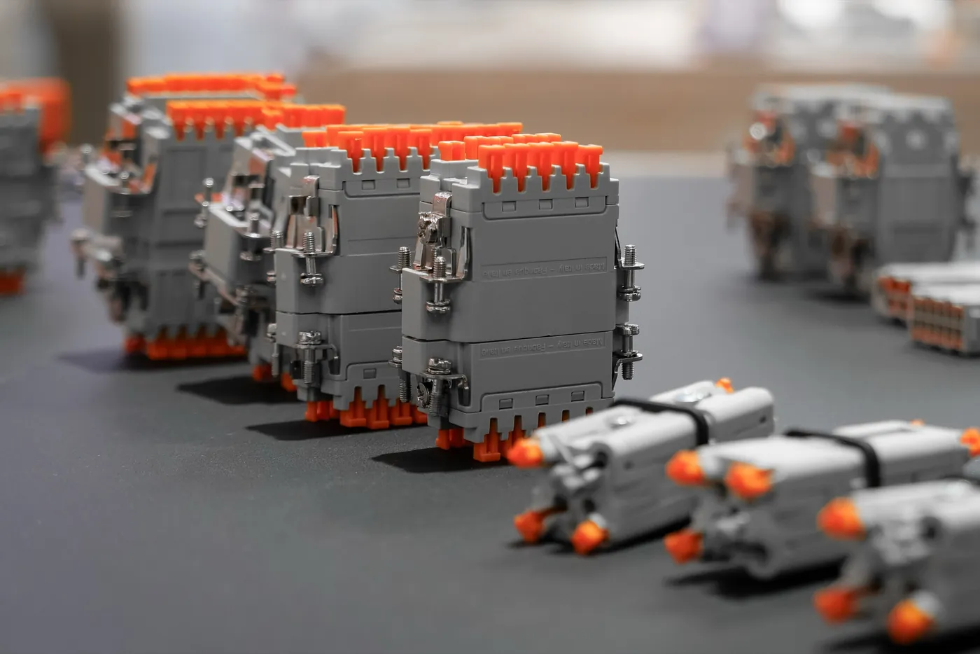 Industrial components in a row with shallow depth of field, technology fair Nuremberg
