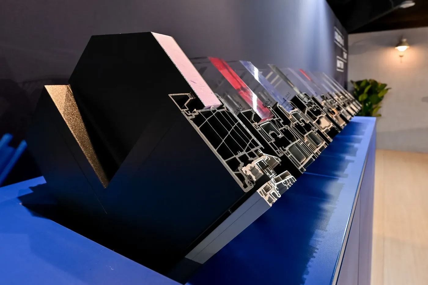 Row of profile cross-sections as an exhibit, detail shot at a trade fair in Nuremberg