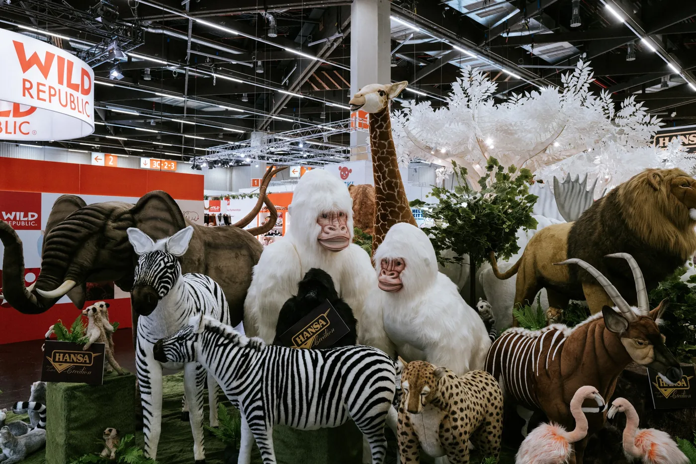 Plush toys – zebras, gorillas and a lion – as exhibits at Spielwarenmesse in Nuremberg