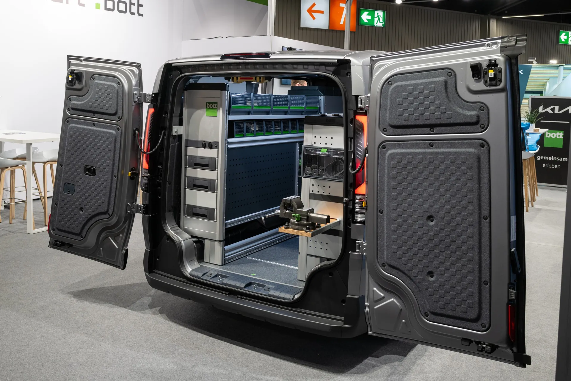 Van with shelving fit-out and open rear doors